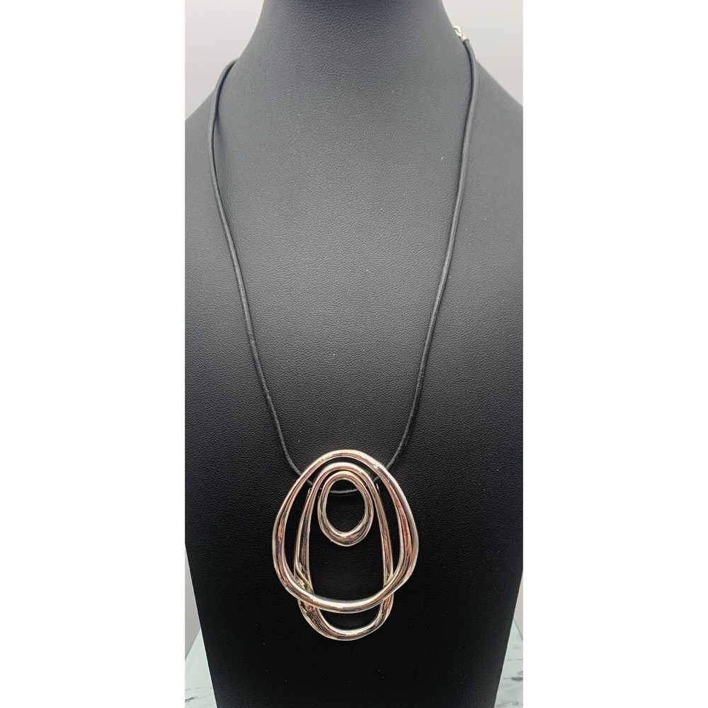 Chicos Bernadette Silver Tone Geometric Pendant Modernist Necklace Leather Cord
